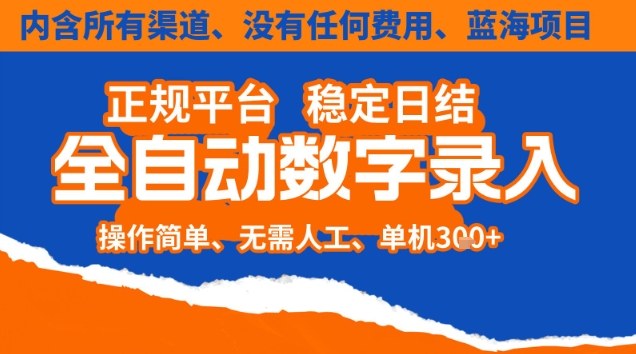 全自动数字录入，单机日入3张+，内含所有渠道全程免费零成本，操作简单可矩阵开干【揭秘】-极速搞钱云网创