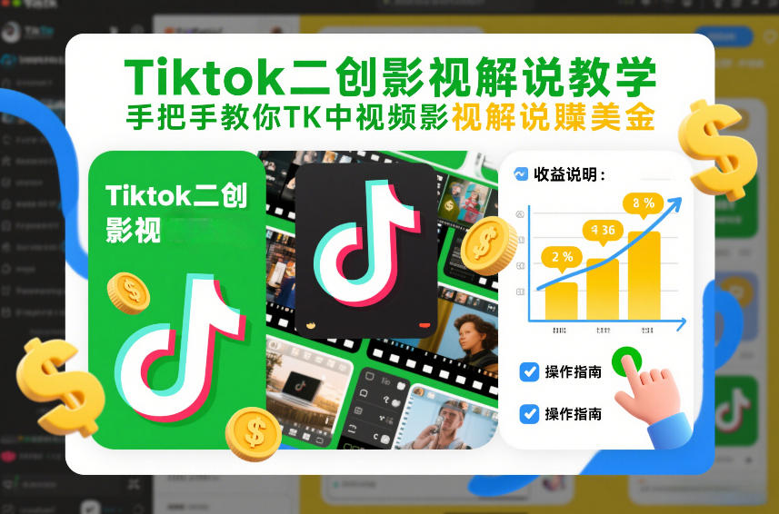 Tiktok二创影视解说教学，手把手教你TK中视频影视解说賺美金(更新26年1月)-极速搞钱云网创