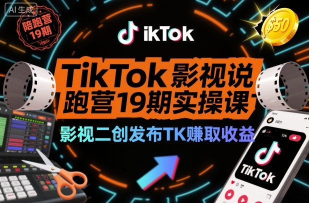 TikTok影视解说陪跑营19期实操课，影视二创发布TK賺取收益，万播收益50美金(更新)-极速搞钱云网创