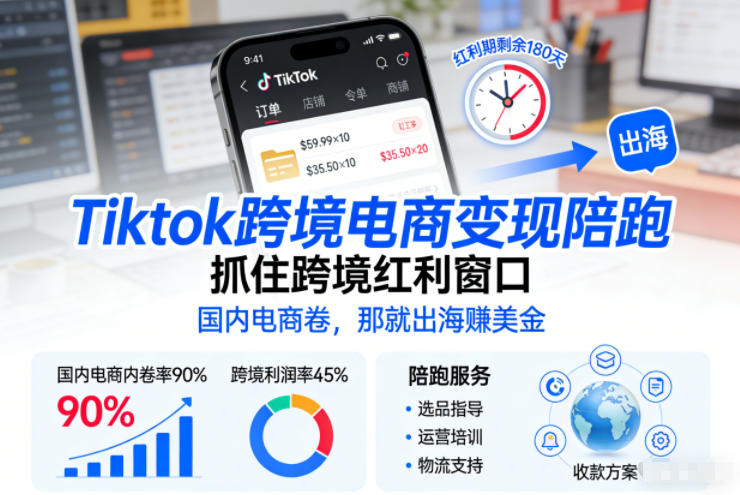 Tiktok跨境电商变现陪跑，抓住跨境红利窗口，国内电商卷，那就出海賺美金-极速搞钱云网创