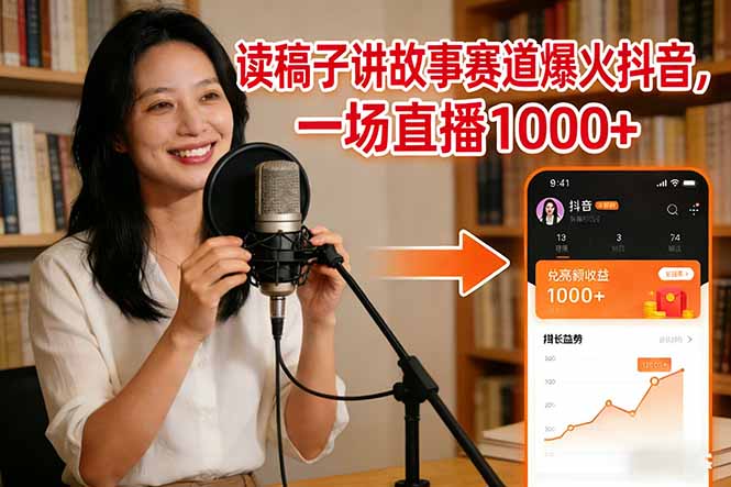 读稿子讲故事赛道爆火抖音，一场直播日入1000+-极速搞钱云网创