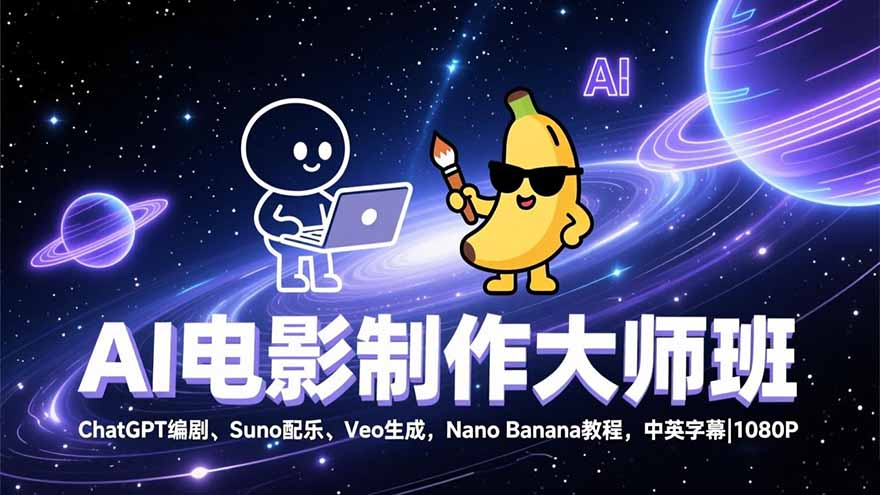 AI电影制作大师班：ChatGPT编剧、Suno配乐、Veo生成，Nano Banana教程，中英字幕|1080P-极速搞钱云网创