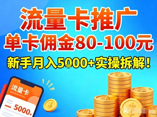 流量卡推广，单卡佣金80-100，新手月入5k+实操拆解！-极速搞钱云网创