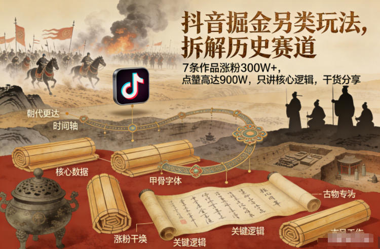 抖音掘金另类玩法，拆解历史赛道，7条作品涨粉300W+，点赞量高达900W，只讲核心逻辑，干货分享-极速搞钱云网创