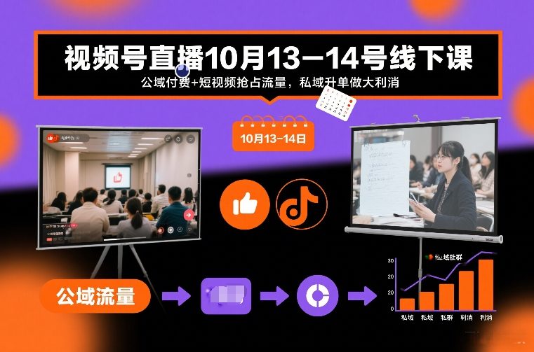 视频号直播10月13-14号线下课，公域付费+短视频抢占流量，私域升单做大利消-极速搞钱云网创