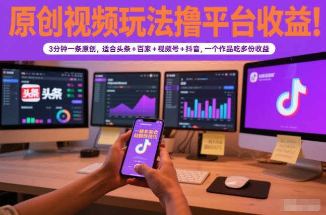 原创视频玩法撸平台收益，3分钟一条原创，适合头条+百家+视频号+抖音，一个作品吃多份收益-极速搞钱云网创