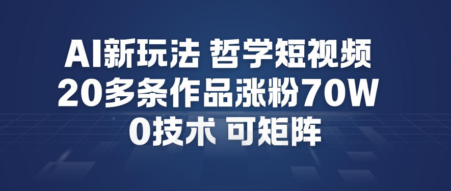 AI新玩法哲学短视频制作教学，20多条作品涨粉70W，0成本赛道，可矩阵-极速搞钱云网创