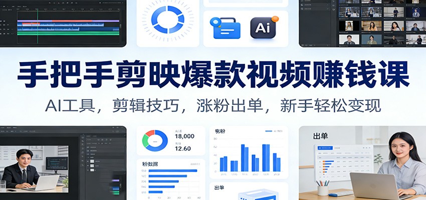 手把手剪映爆款视频赚钱课：AI工具，剪辑技巧，涨粉出单，新手轻松变现-极速搞钱云网创