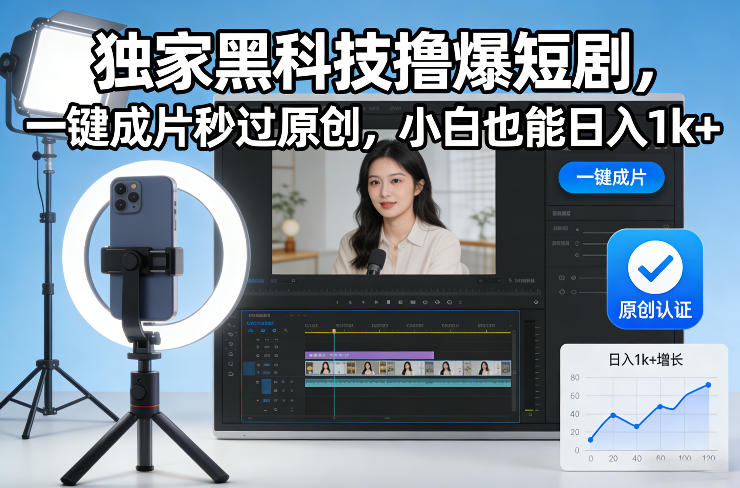 独家黑科技撸爆短剧，一键成片秒过原创，小白也能日入1k+【揭秘】-极速搞钱云网创